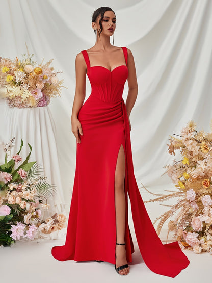 Kamiyah - Gedrapeerde korset maxi-jurk met schouderbandjes en hoge split voor vrouwen