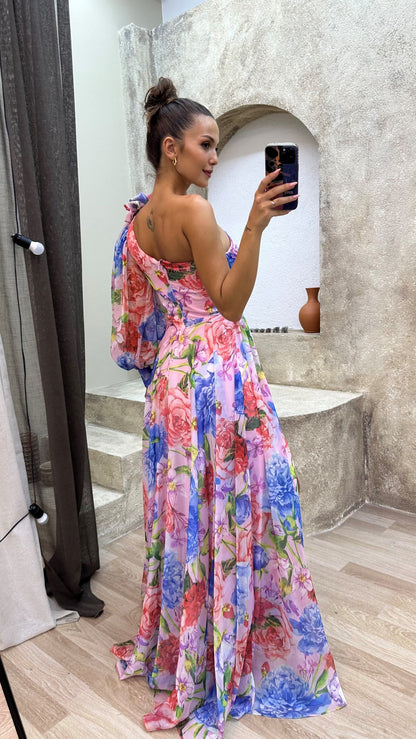Sunny Elegance - One shoulder flower maxi zomerjurk
