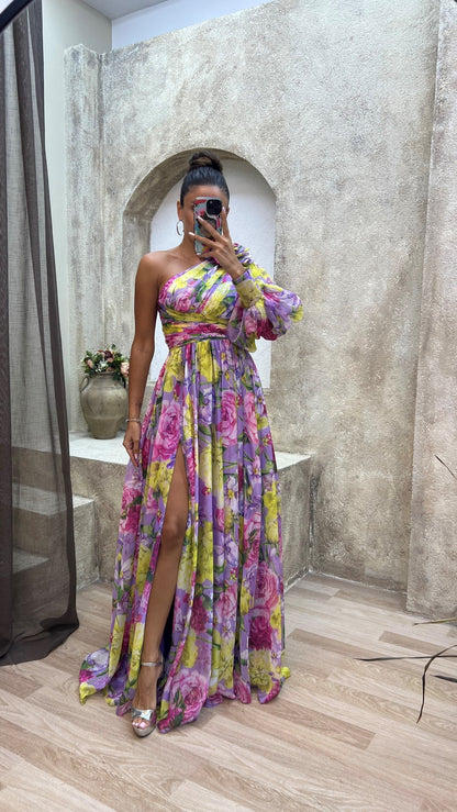 Sunny Elegance - One shoulder flower maxi zomerjurk