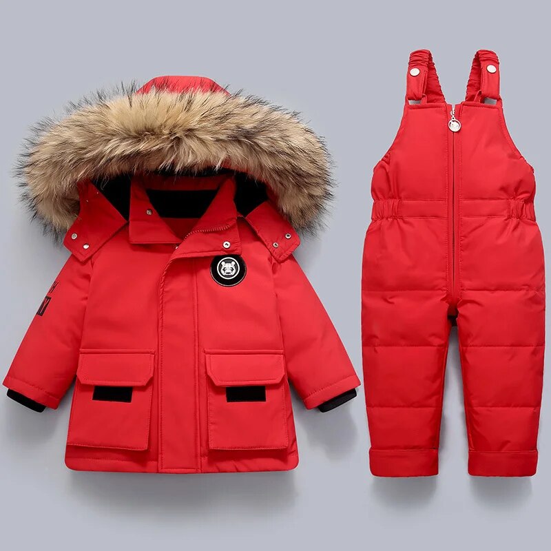 Kinder winterjas + overall bontkraag ski pak