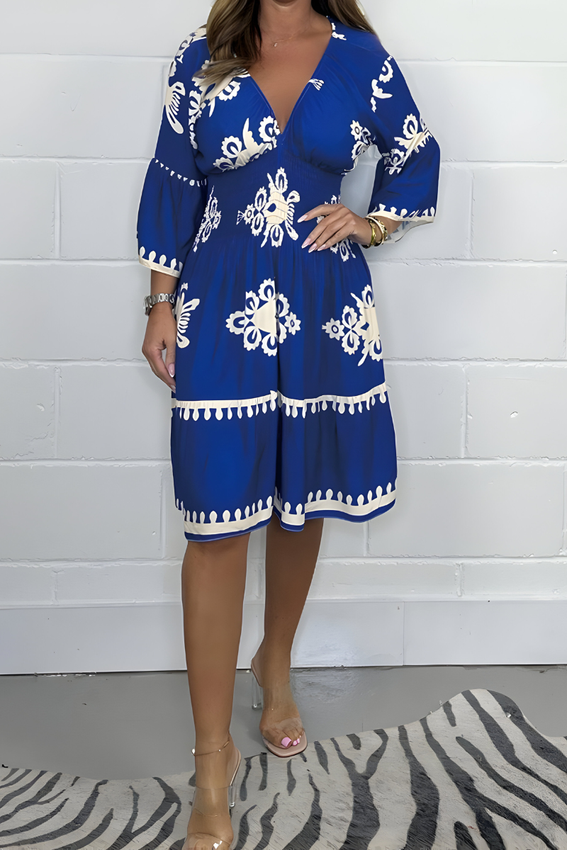 Linnea - Dames midi jurk met wijde mouwen en taille-accent