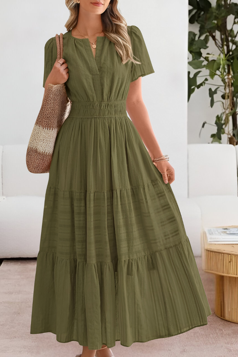 Małgorzata - Dames maxi jurk met gesmokte taille en korte mouwen