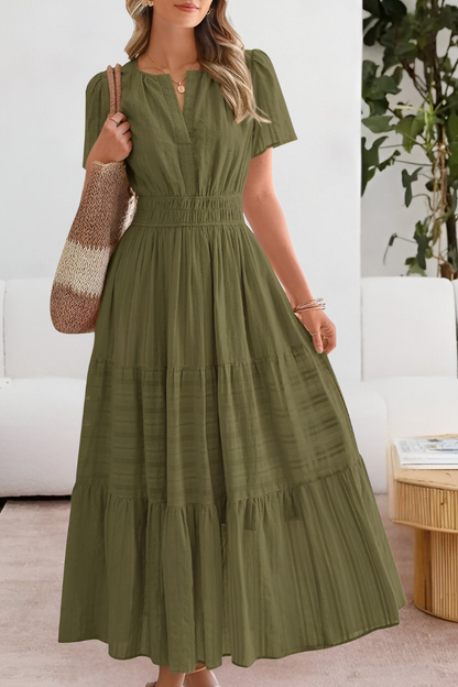 Małgorzata - Dames maxi jurk met gesmokte taille en korte mouwen