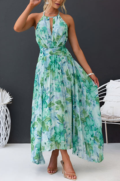 Gytha - Maxi hakter jurk met plissé en florale print