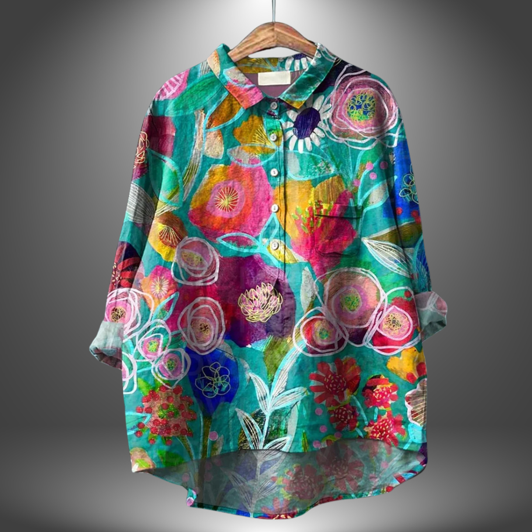 Orsolya - Losvallende damesblouse met kunstzinnige print en kraag