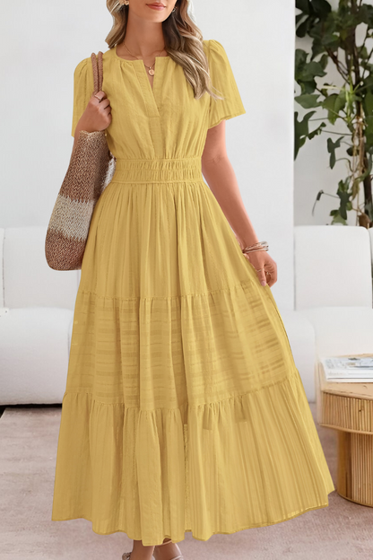 Małgorzata - Dames maxi jurk met gesmokte taille en korte mouwen