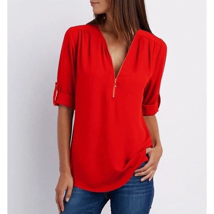 Jacquette - Dames top met halve rits en opgerolde mouwen