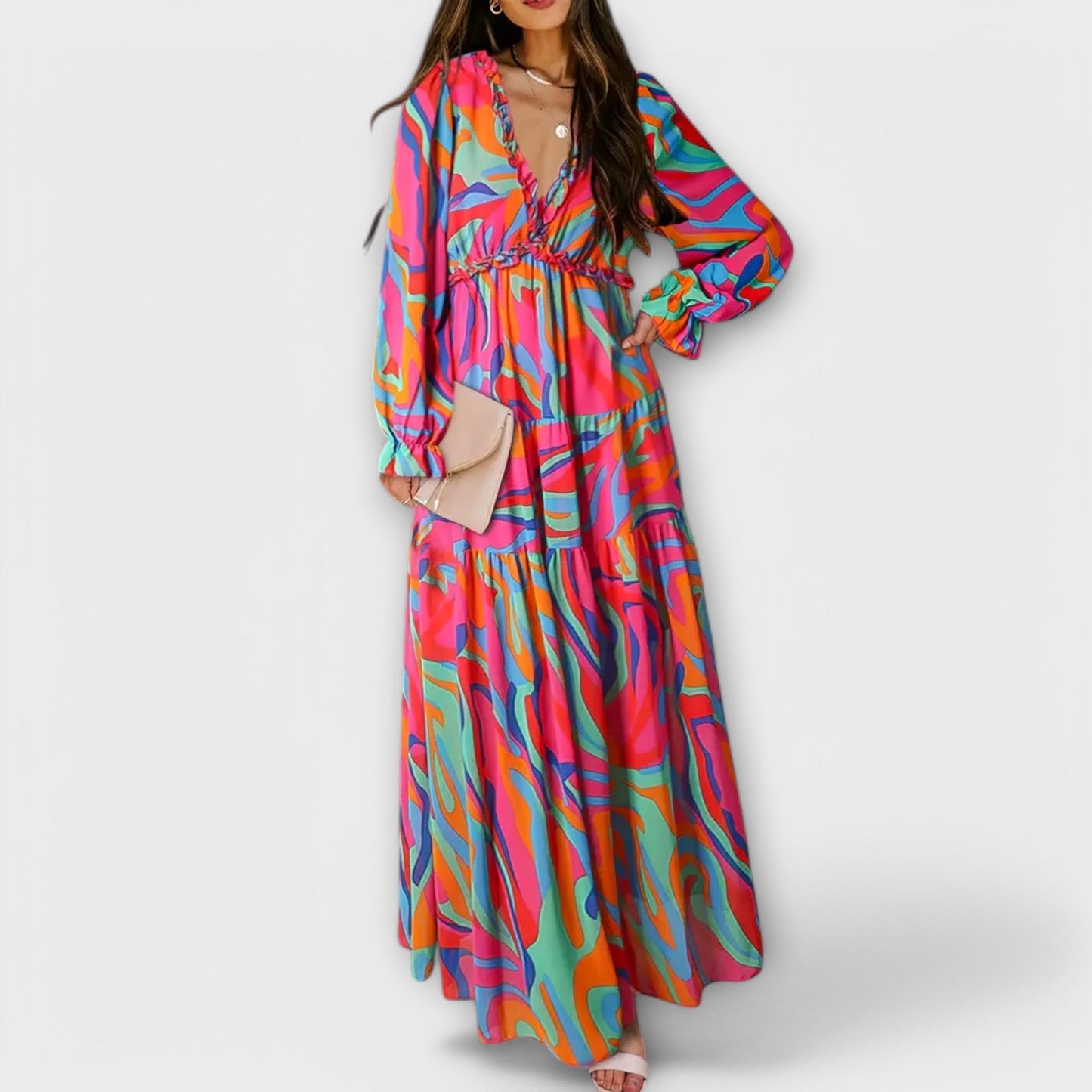 Monika - Bloemenprint maxi jurk met v-hals voor dames