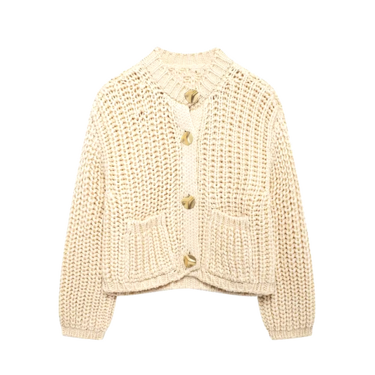 Diana - Beige Gebreid en geknoopt mandarijn vest