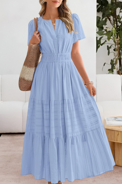 Małgorzata - Dames maxi jurk met gesmokte taille en korte mouwen