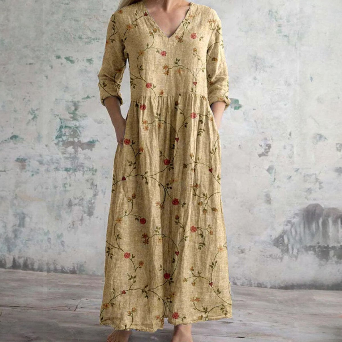 Laurine – Maxi jurk met v-hals en 3/4 mouwen voor dames