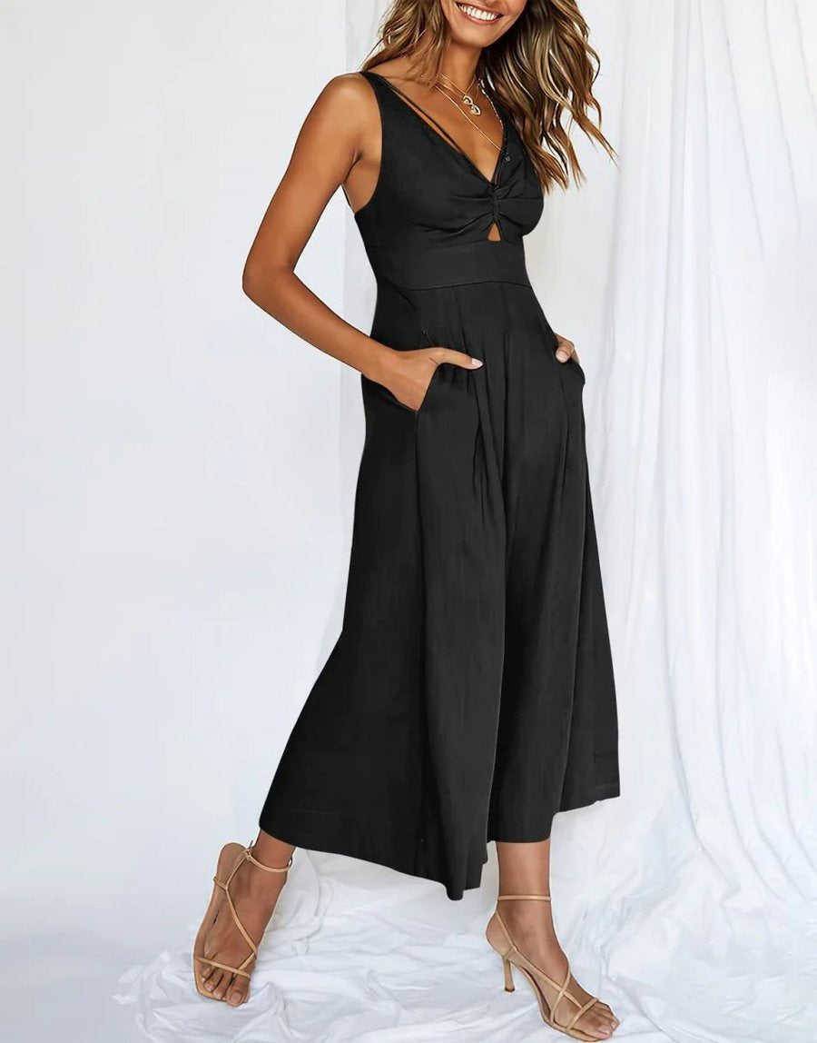 Brigitte - Mouwloze dames jumpsuit met wijd uitlopende pijpen