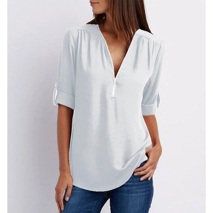 Jacquette - Dames top met halve rits en opgerolde mouwen
