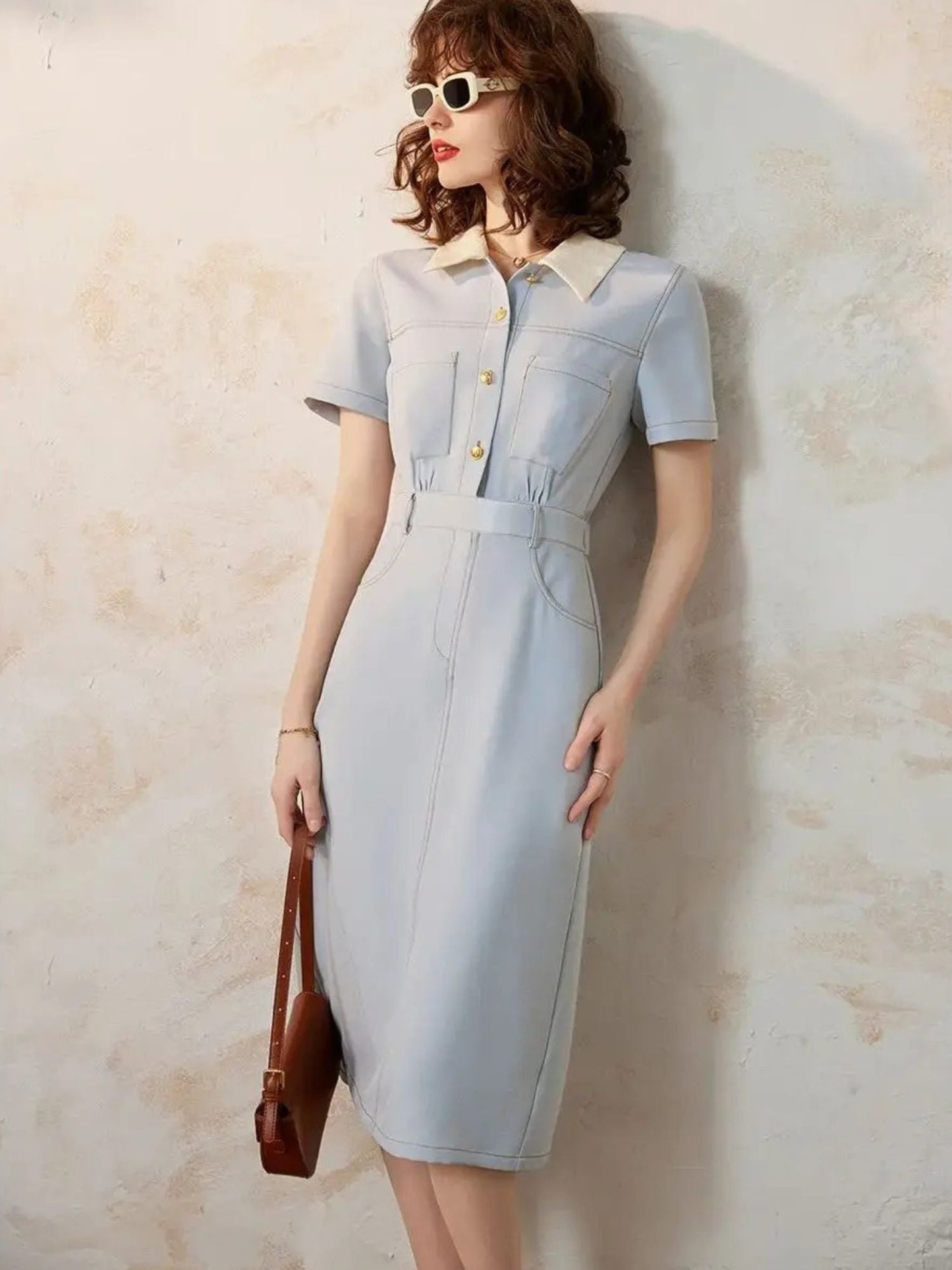 Casilda - Dames overhemdjurk met taille-accent en korte mouwen