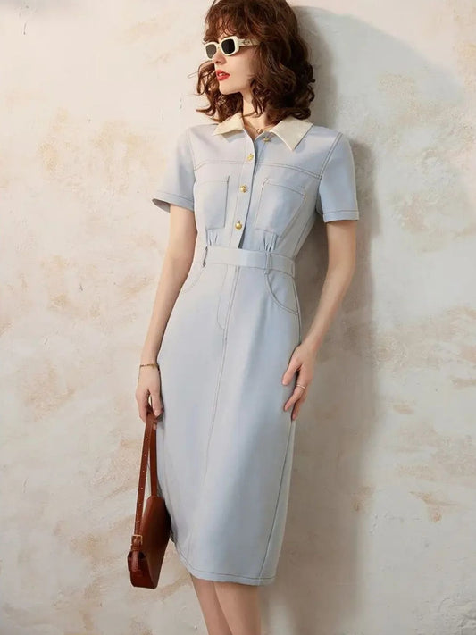 Casilda - Dames overhemdjurk met taille-accent en korte mouwen