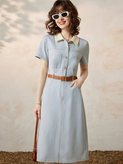 Casilda - Dames overhemdjurk met taille-accent en korte mouwen