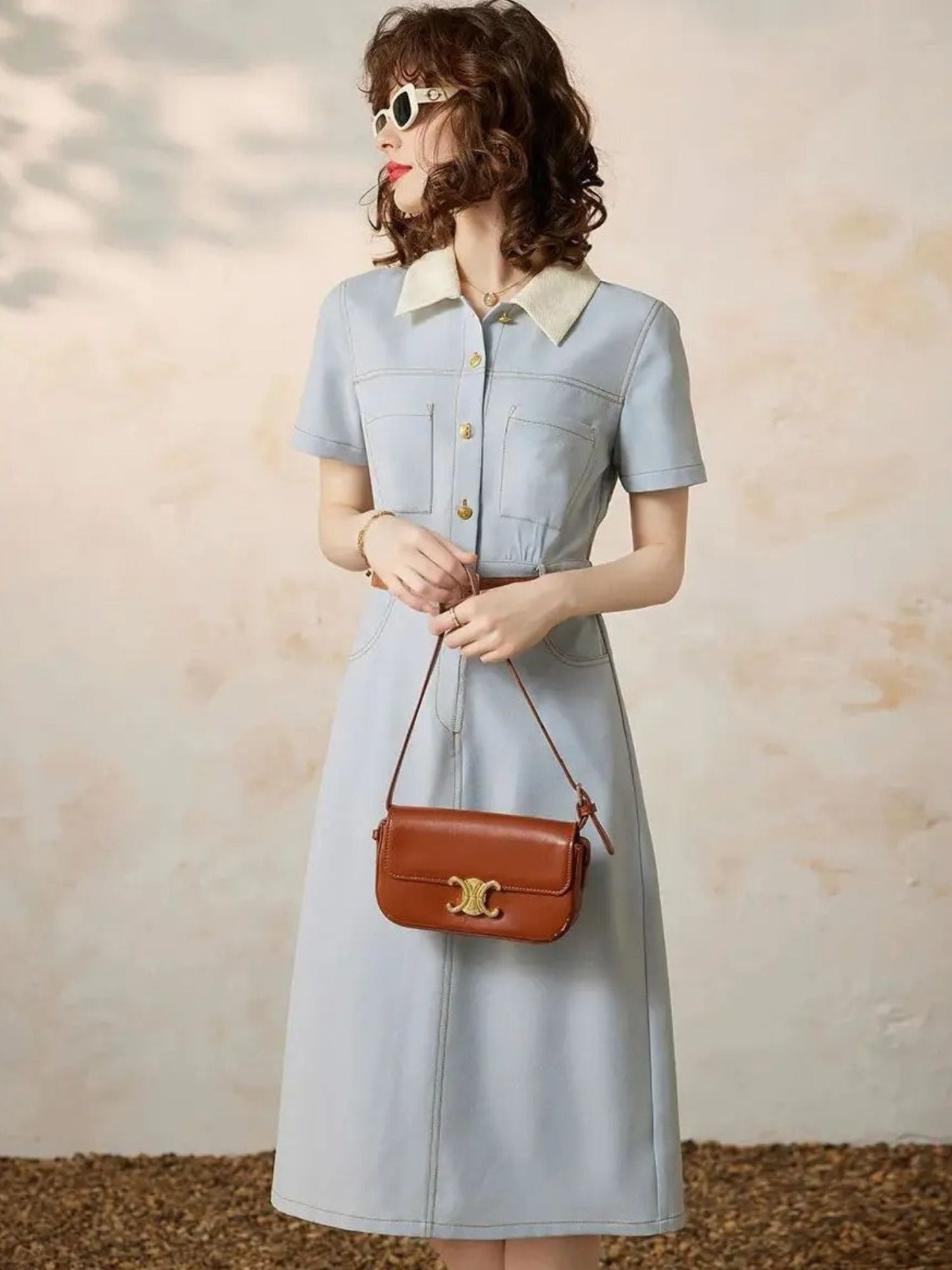 Casilda - Dames overhemdjurk met taille-accent en korte mouwen