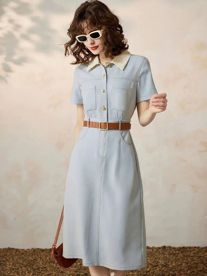 Casilda - Dames overhemdjurk met taille-accent en korte mouwen