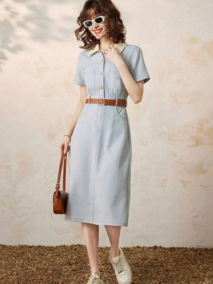 Casilda - Dames overhemdjurk met taille-accent en korte mouwen