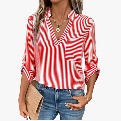 Sylvie - Gestreepte dames blouse met V-hals en borstzak