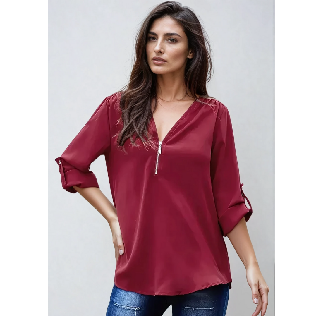 EllaMode – Losse Blouse met 3/4 Mouwen en Rits in Grote Maten