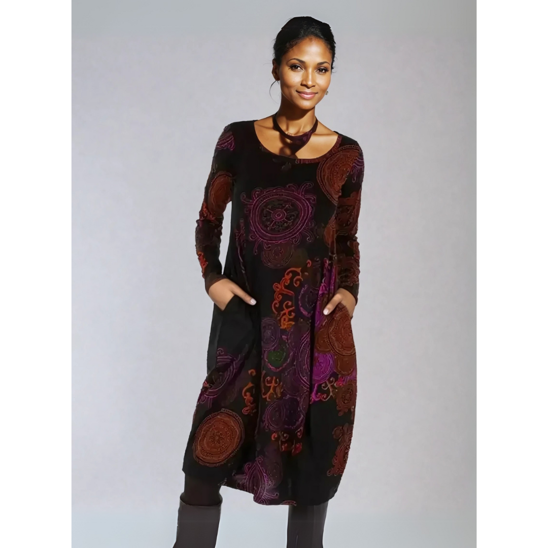 Valery | Bohemian Midi Jurk met Lange Mouwen