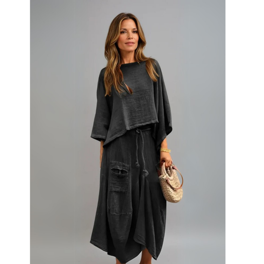 Mira – Casual Dames Top met Ronde Hals & Loszittende Rok (2-delig Pak)