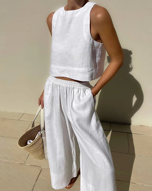 Melanie - Tweedelige dames set met cropped top en wijde broek