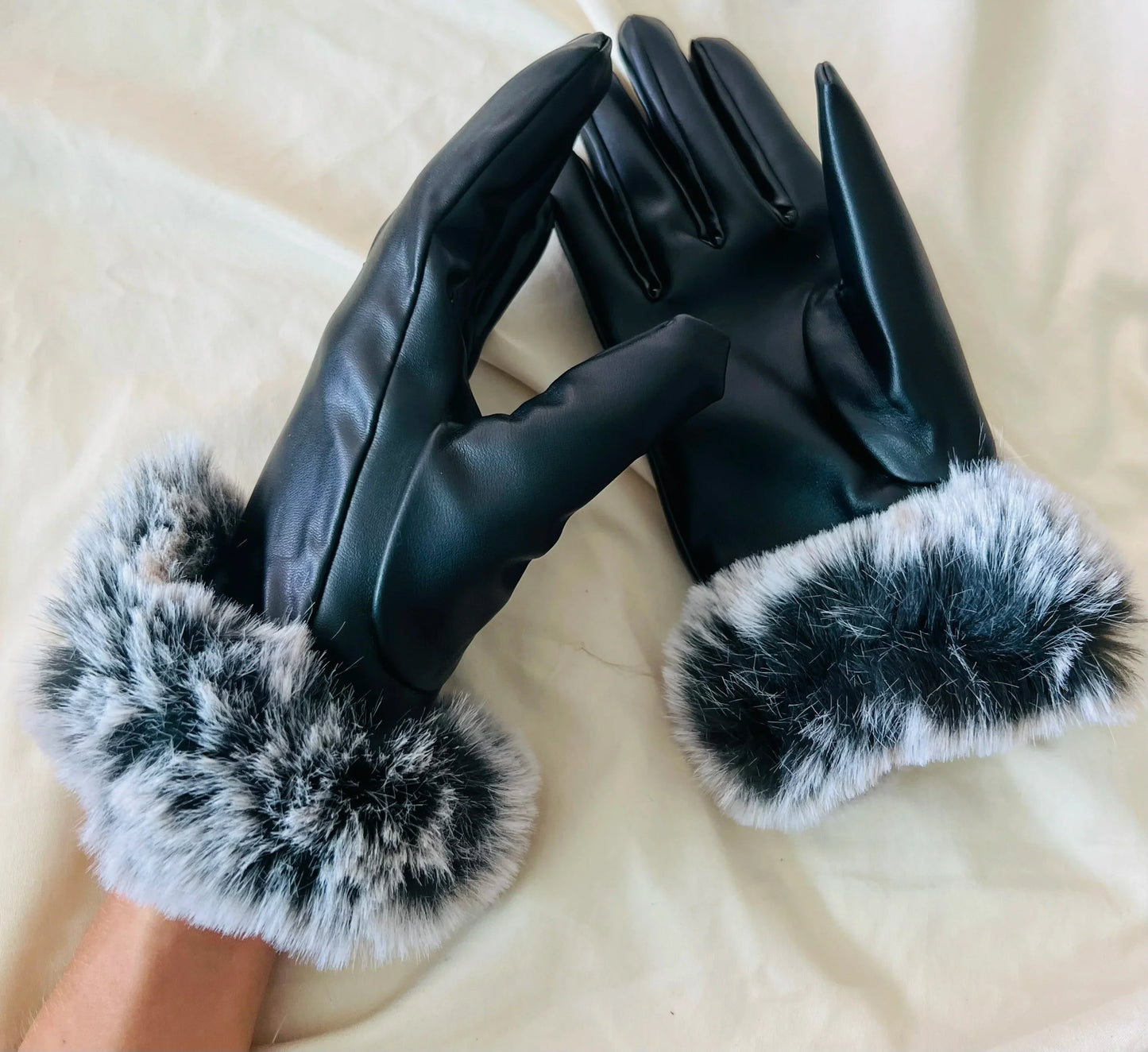 Luxe leren handschoenen met imitatiebont manchet