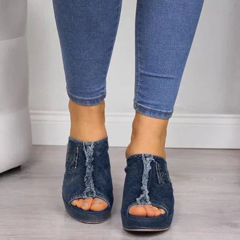 Ronja - Dames sleehak mules met open teen en denim-look