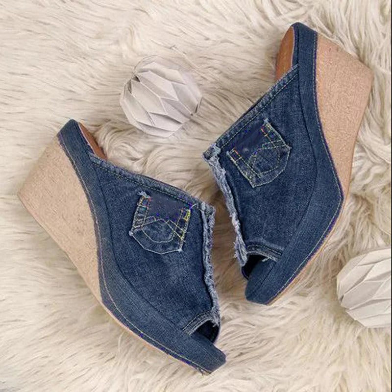 Ronja - Dames sleehak mules met open teen en denim-look