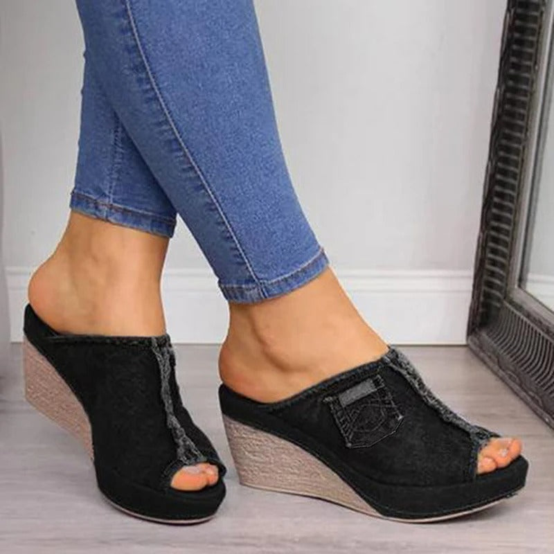 Ronja - Dames sleehak mules met open teen en denim-look
