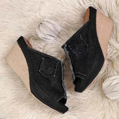 Ronja - Dames sleehak mules met open teen en denim-look