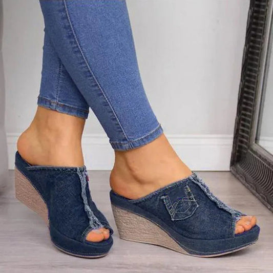 Ronja - Dames sleehak mules met open teen en denim-look