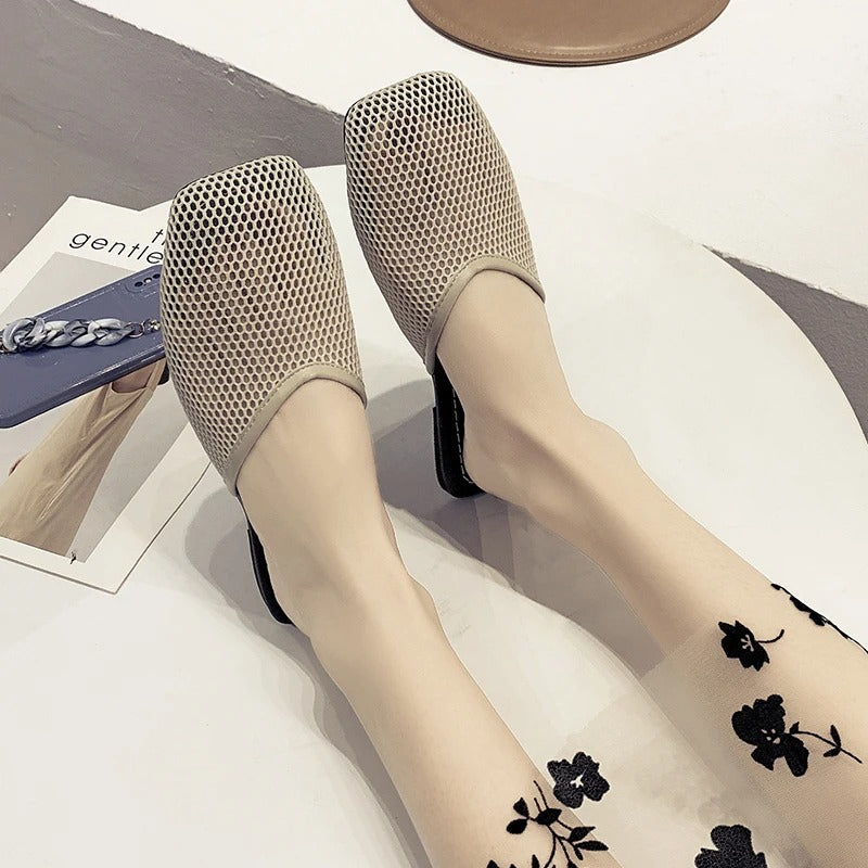 Katinka - Dames instappers met transparant mesh en vierkante neus