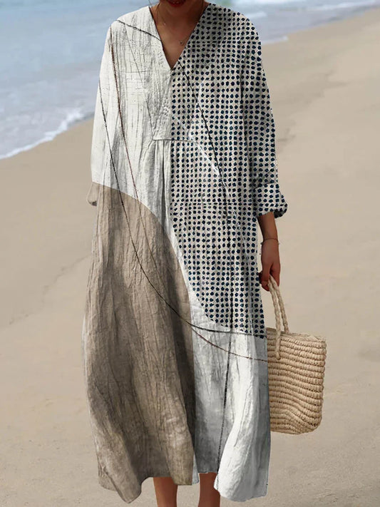 Tea - Dames midi jurk met abstracte print en relaxte V-hals