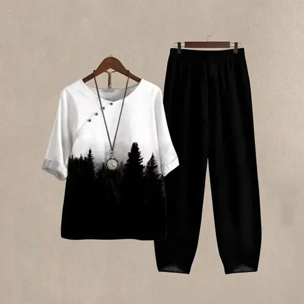 Elzbieta - Dames set met bloemige top en rechte broek