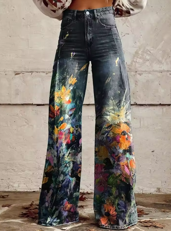 Taisiya - Dames wide-leg high waist broek met artistieke print