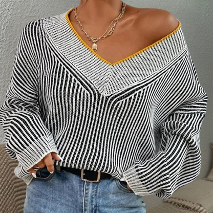 Wrenna - Gestreepte gebreide off-shoulder trui voor dames