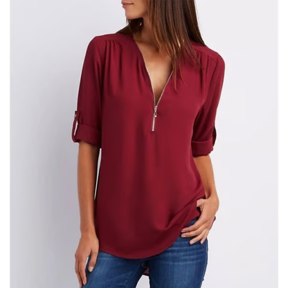 EllaMode – Losse Blouse met 3/4 Mouwen en Rits in Grote Maten