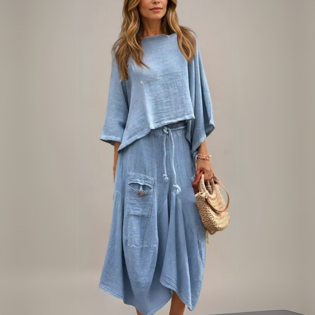 Mira – Casual Dames Top met Ronde Hals & Loszittende Rok (2-delig Pak)