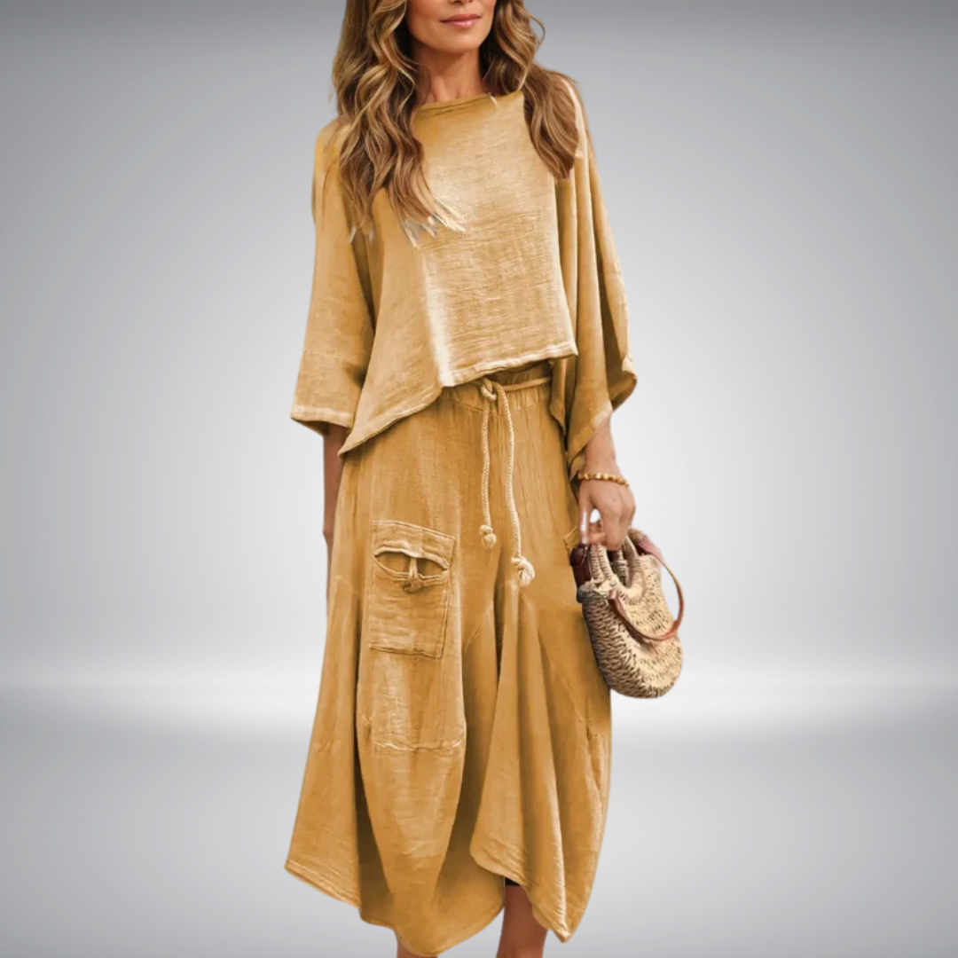 Mira – Casual Dames Top met Ronde Hals & Loszittende Rok (2-delig Pak)