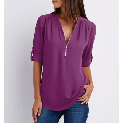 EllaMode – Losse Blouse met 3/4 Mouwen en Rits in Grote Maten