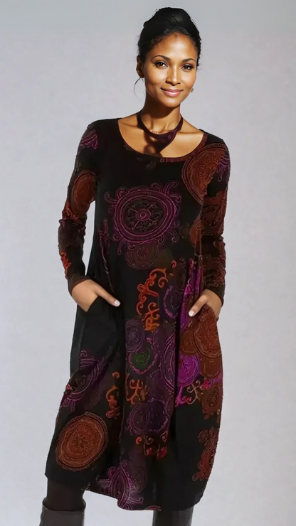 Valery | Bohemian Midi Jurk met Lange Mouwen