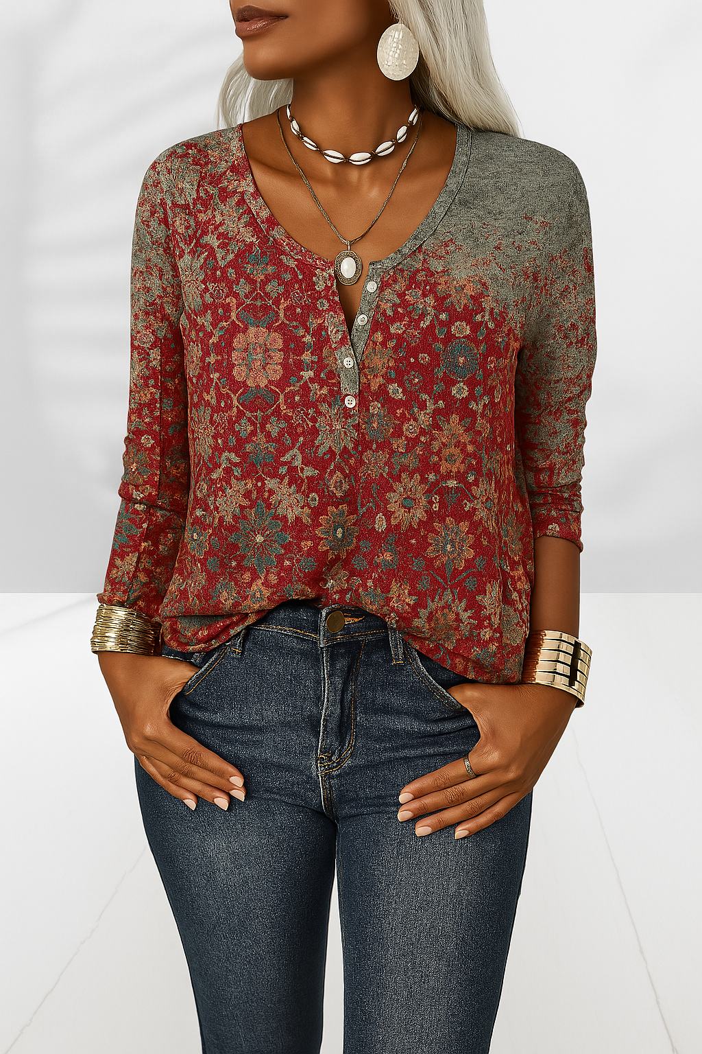 Patrizia - Dames top met oosterse print en knoopdetail