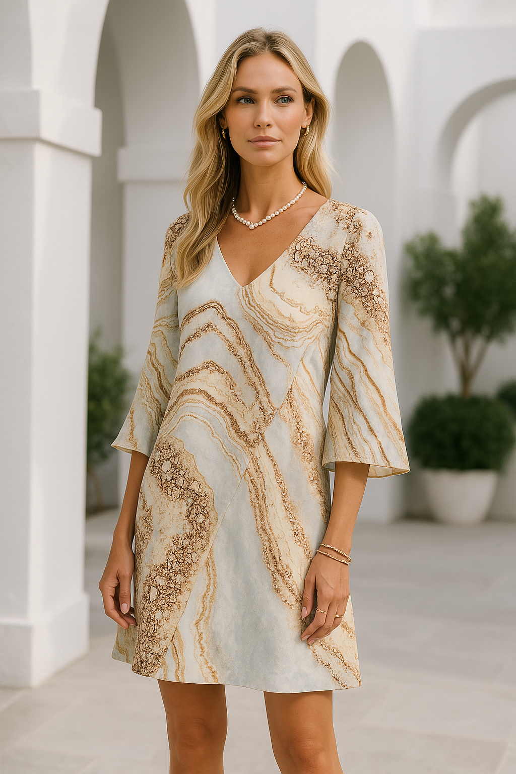 Alba | Classy Korte damesjurk met v-hals en marmerprint