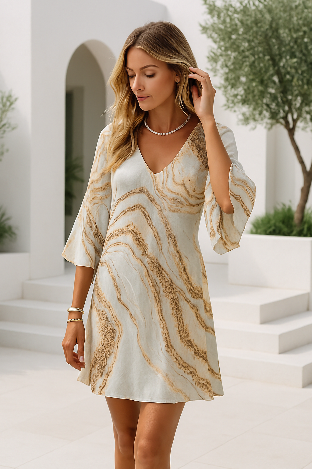 Alba | Classy Korte damesjurk met v-hals en marmerprint