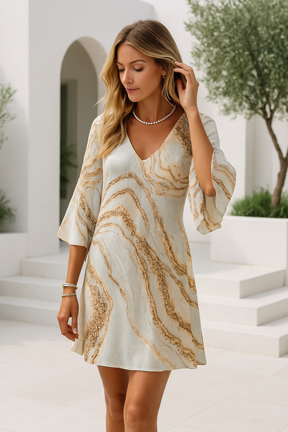 Alba | Classy Korte damesjurk met v-hals en marmerprint