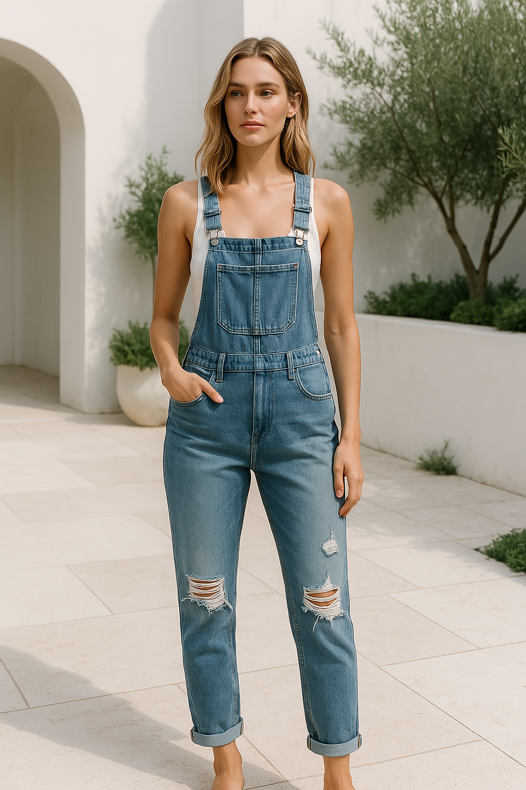 Thea | Casual denim overall met gerafelde details op de dijen