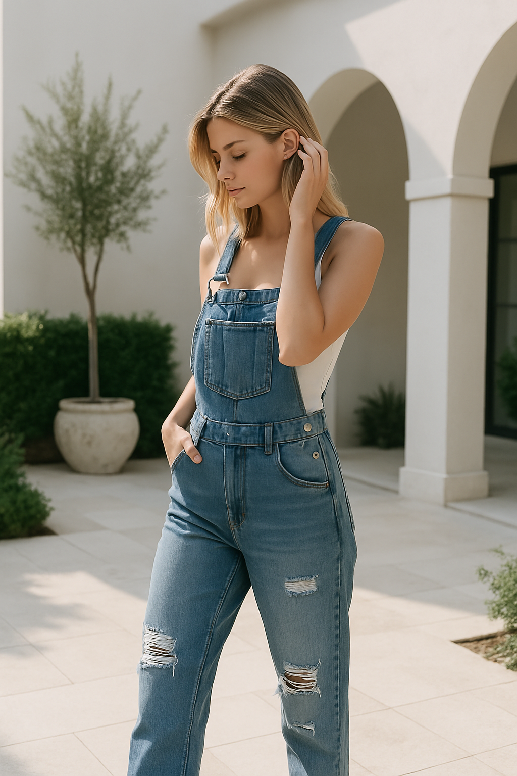 Thea | Casual denim overall met gerafelde details op de dijen